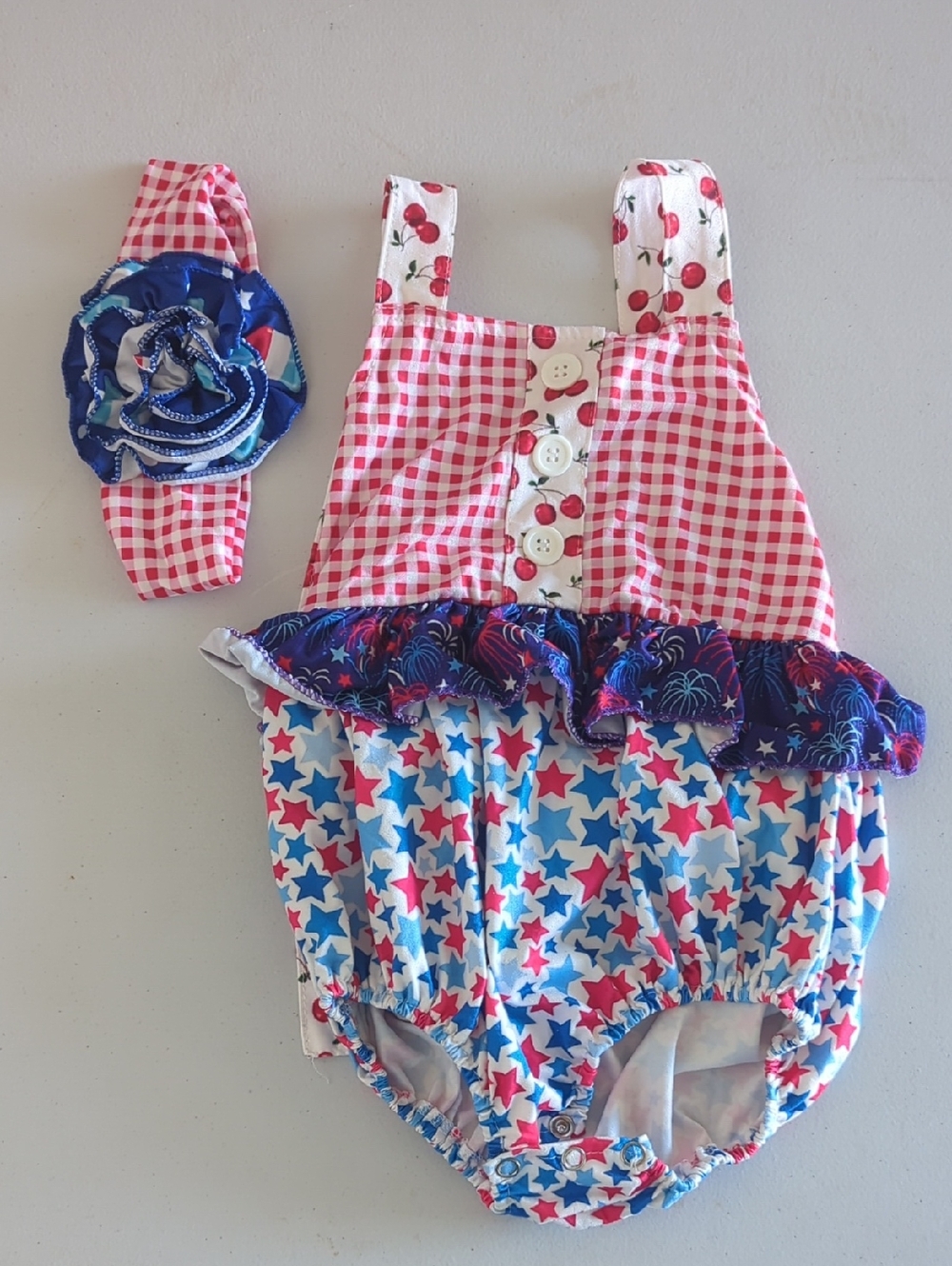 Red Gingham & Star Ruffle Baby Halter Top Bubble with Headband